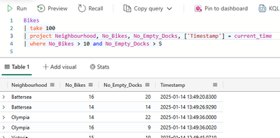 KQL with take, project and where statement